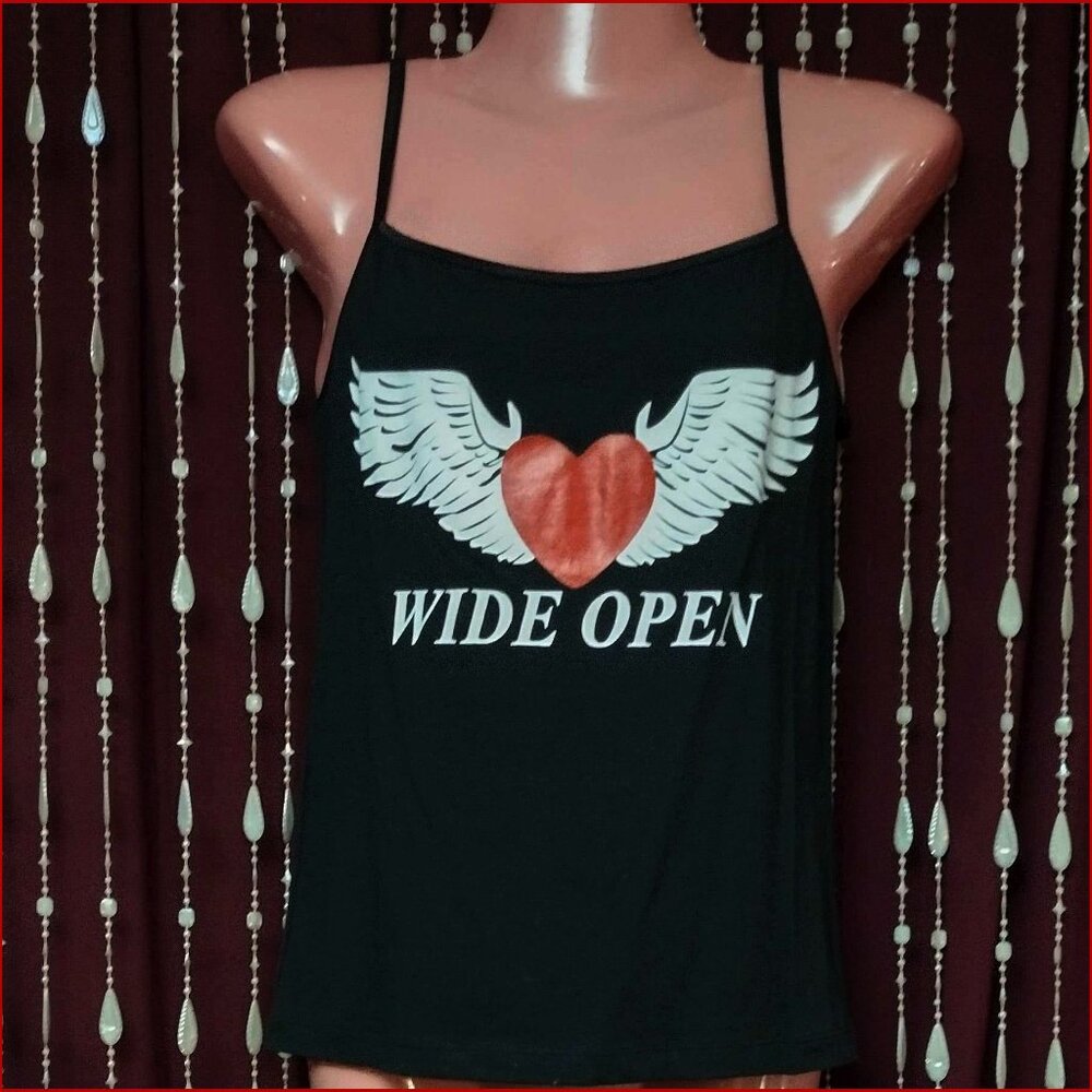 New 28" chest Angel Wings Heart "Wide Open" Rock Music Spaghetti strap tank top